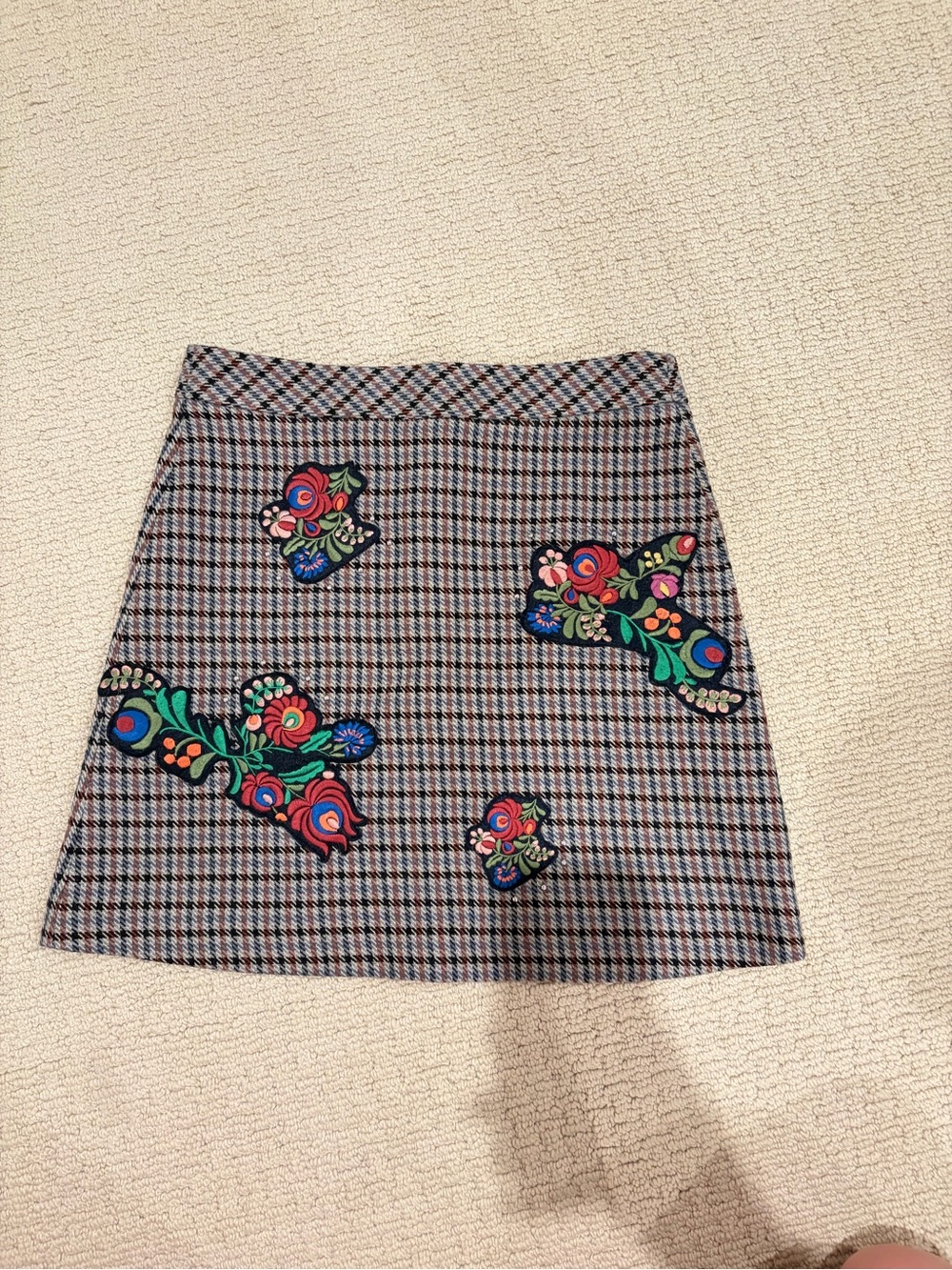 Zara Multicolor Plaid A-Line Mini Skirt with Floral Embroidered Patches